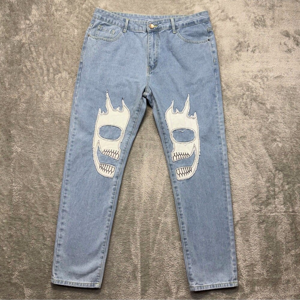 Fashion Jeans Men's 38x30 Blue Denim Straight Skull Embroidery Skater Grunge